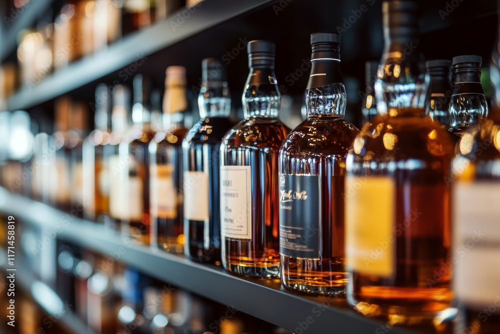Fototapete Bottles on a shelf display variously labeled. Concept of liquor and luxury. For beverage advertising