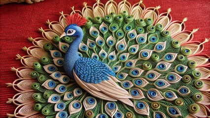 Polymer Clay Peacock Intricate Feather Detail, Red Background