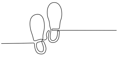 Fototapeta premium Footprints caused by executive shoes Travel concept. vector illustration, Footprints caused vector continuouse one line drawing, Footprints Black Stroke Linear Icon, Foot Print Drawing.