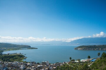 Scenic lake and mountain view under a clear blue sky.