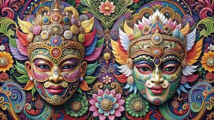 Ornate Masks and Floral Flourish A Digital Bas-Relief Composition