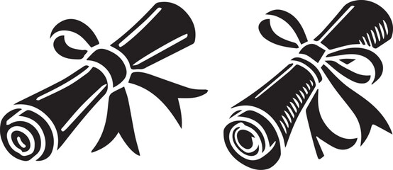 Black vector icon depicting a diploma with flat ribbon