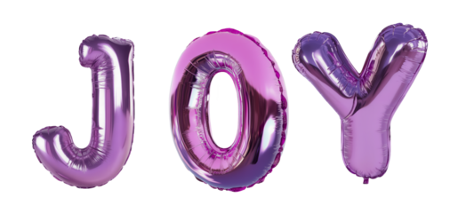 Pink metallic balloon letters spelling JOY in 3D on white background, perfect for festive events, party decorations, celebratory projects, and promotional designs