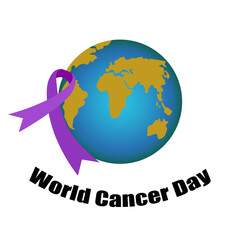 World Cancer Day on 4 February. Purple ribbon for all cancer symbol on background of planet. Vector illustration. Not AI generated