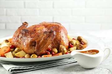 Delicious baked turkey, vegetables, cranberries and orange sauce on gray textured table against white brick wall