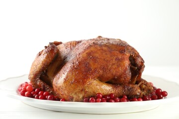Delicious baked turkey and cranberries on white table, closeup