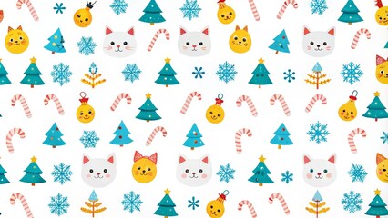 Joyful Cats and Christmas Festive Repeating Pattern of Cute Cats, Trees, Candy Canes and Snowflakes