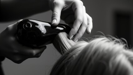 Close-up of a stylist straightening or curling a client's hair with modern styling tools