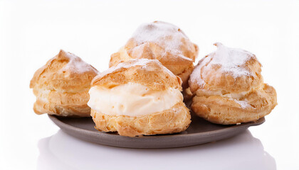 Tasty vanilla cream puffs. Italian patisserie delight. Sweet food. Delicious dessert on white