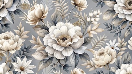 Fototapeta premium Grey Background Floral Seamless Pattern Cream and Taupe Blooms, Intricate Leaf Details