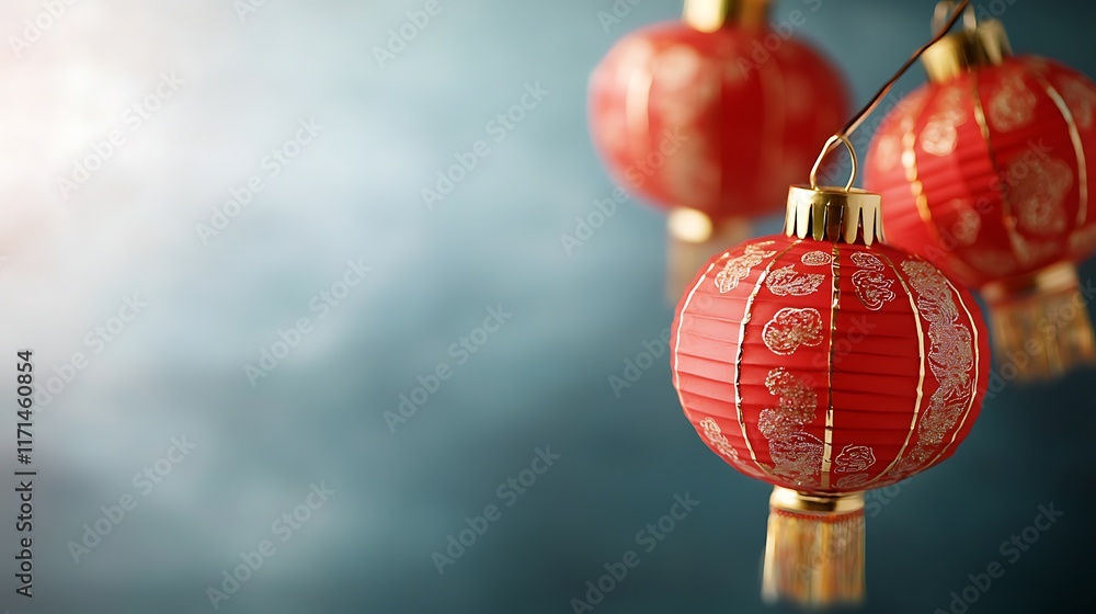 Aufkleber glowing red paper lanterns with intricate gold trim hanging in a peaceful atmospheric setting creati