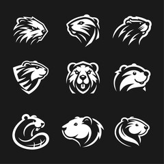Obraz premium Illustraition of cute flat beaver icons set, black white v3