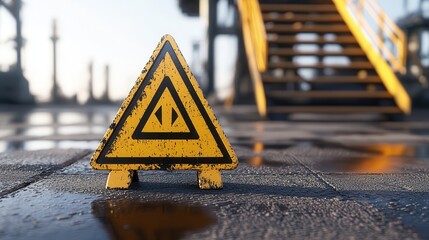Caution hazard alert sign at outdoor industrial facility ground level