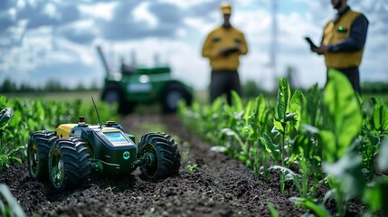 Fototapeta premium High-Tech Agriculture Setup with Agronomy Experts Enhancing Productivity through Robotic and Soil Scanning