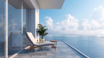 A minimalist balcony with a single lounge chair, a small side table, and a view of the ocean.