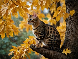 Fototapeta premium A bold Bengal cat climbing a tree with golden autumn leaves