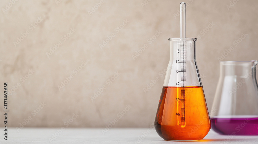 Poster close up of laboratory flask filled with orange liquid, showcasing precise measurements. background 