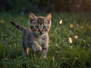 A playful kitten chasing fireflies in a grassy meadow at dusk