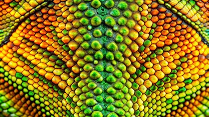 Chameleon Skin Vibrant Green and Orange Scales, Close-Up Macro Photography