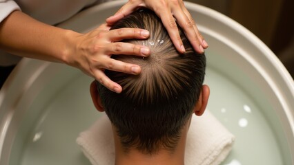 Fototapeta premium A relaxing hair care procedure: washing and massaging the client's hair in a sleek salon setting