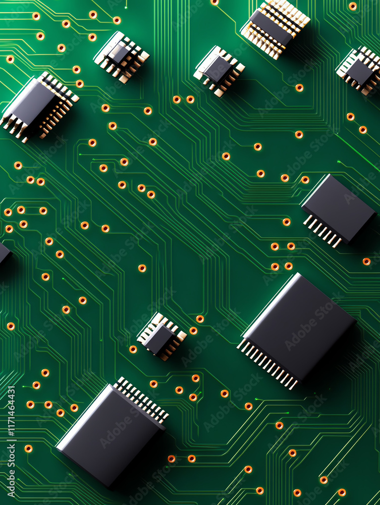 Poster close-up of a green circuit board with microchips and intricate pathways.