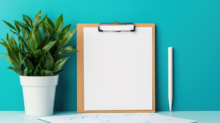 clipboard with blank paper, plant, and pen on turquoise background