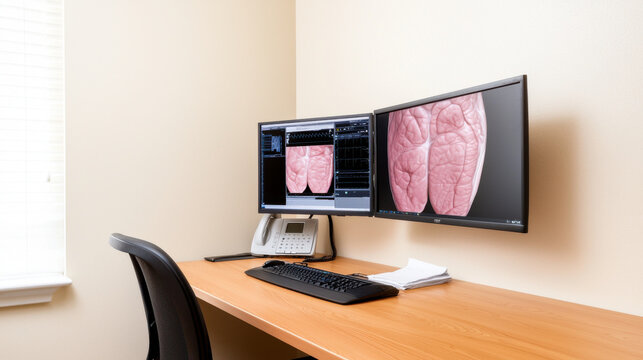 Medical workstation with dual monitors displaying proctoscope images, enhancing diagnostic capabilities