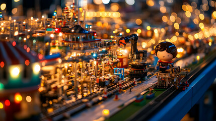 Miniature city at night with lights and a small figure.