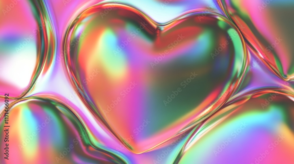 Poster bright holographic hearts create a colorful and iridescent background that fades to white for copysp