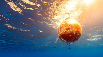 Obraz premium Underwater robotic sphere in ocean, sunlit.