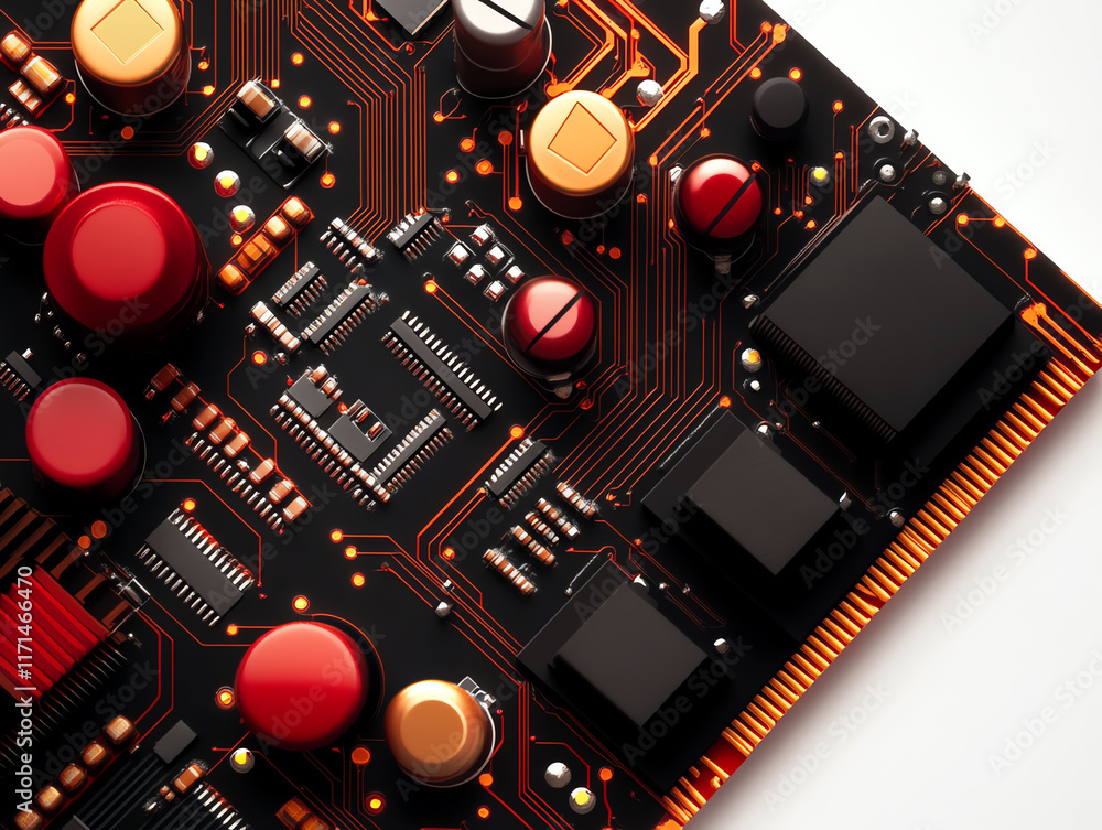 Poster close-up view of a complex electronic circuit board with various components and vibrant colors.