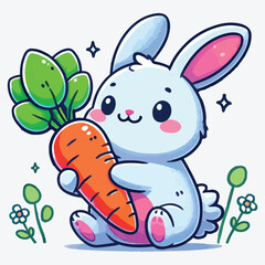 Cute rabbit holding carrot. Hand drawn flat cartoon style. stock illustration
