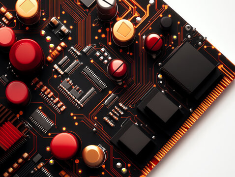Close-up view of a complex electronic circuit board with various components and vibrant colors.