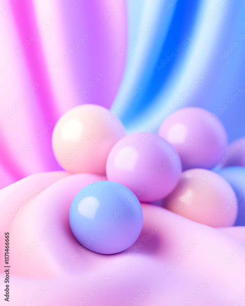 Poster soft pastel colored spheres resting on smooth fabric, creating a calming visual harmony.