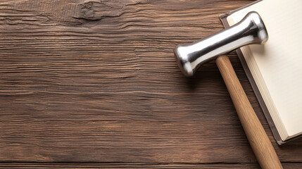 sleek stainless steel reflex hammer rests on wooden table beside notebook, showcasing blend of tools and creativity