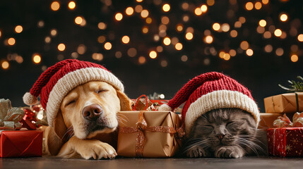 Cozy pets wearing Christmas hats surrounded by festive gifts and lights