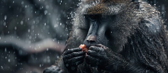 Baboon eating fruit in the rain.