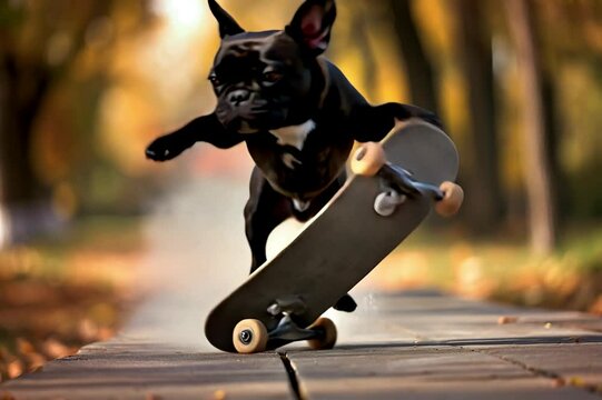 Fast moving video of funny dog ​​on a skateboard flying through the air