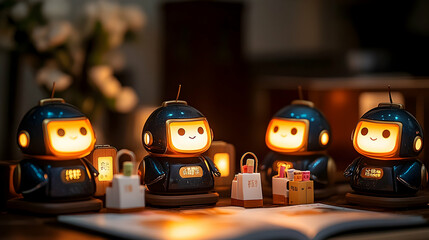 Four illuminated robot figurines with shopping bags on a book.