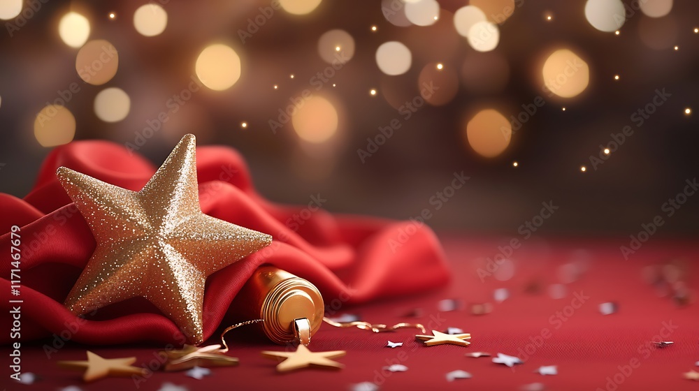 Poster layered golden stars sparkling on a red textured fabric background creating a luxurious and festive 