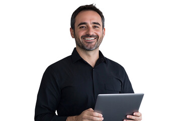Headshot of a cheerful man in a black shirt, holding a tablet with one hand and smiling naturally. Ideal for tech and lifestyle themes.

