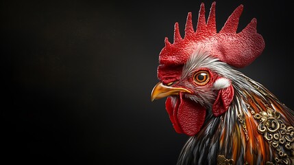Captivating close up portrait of a sophisticated rooster with vibrant intricate feather details and patterns against a dark dramatic backdrop