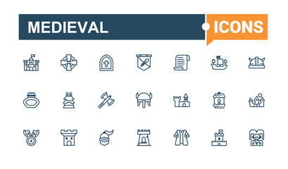 Medieval icons set in linear style. Related to historical, castle, silhouette, tower, rpg, warrior and more. Minimal linear icons. Vector illustration in modern line style.