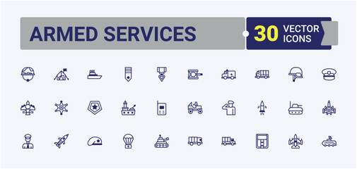 Set of Armed Services line icons. Contains related to equipment, military, transport, first, air, helmet, truck and more. Minimalistic icon. Vector outline and solid icons collection.