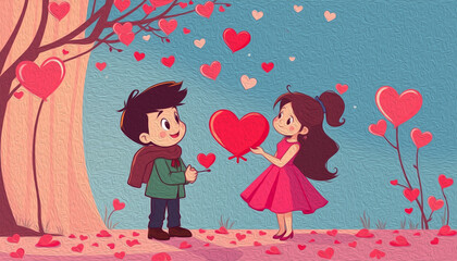 Valentine's Day card design. Illustration with oil paint. Pattern for printing on wall decorations, covers, wallpapers