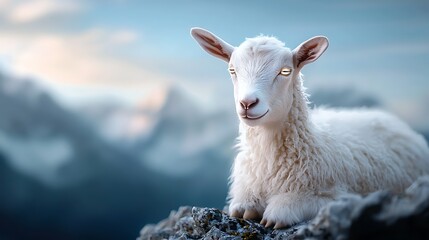 Obraz premium Captivating digital artwork depicting a fluffy white goat standing in a vibrant glowing holographic mountain landscape The animal appears to be part of a surreal