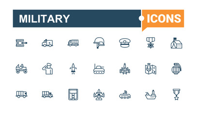 Military icons set in linear style. Icons warrior, plane, defense, truck, weapon, air, fight, artillery. Flat UI icon design. Vector line and solid icons.