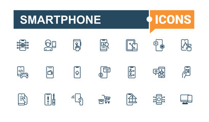 Set of Smartphone line icons. Contains related to assist, old, application, service, support, play, cell and more. Outline icon. Solid line editable stroke. Vector line and solid icons.