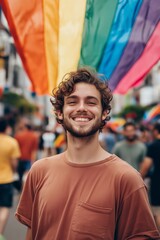 Obraz premium A young man smiles brightly in a lively pride parade filled with colorful banners.