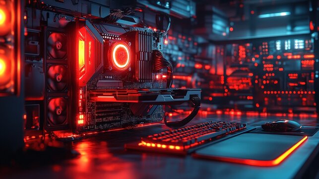 Illuminated gaming PC, keyboard, mouse.